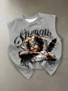Manfinity Roghcode Men's Casual Fashionable Street Cupid Angel Rhinestone Letter Print Loose Tank Top, Suitable For Daily Commute In Summer, Holiday - Multicolor - View 5