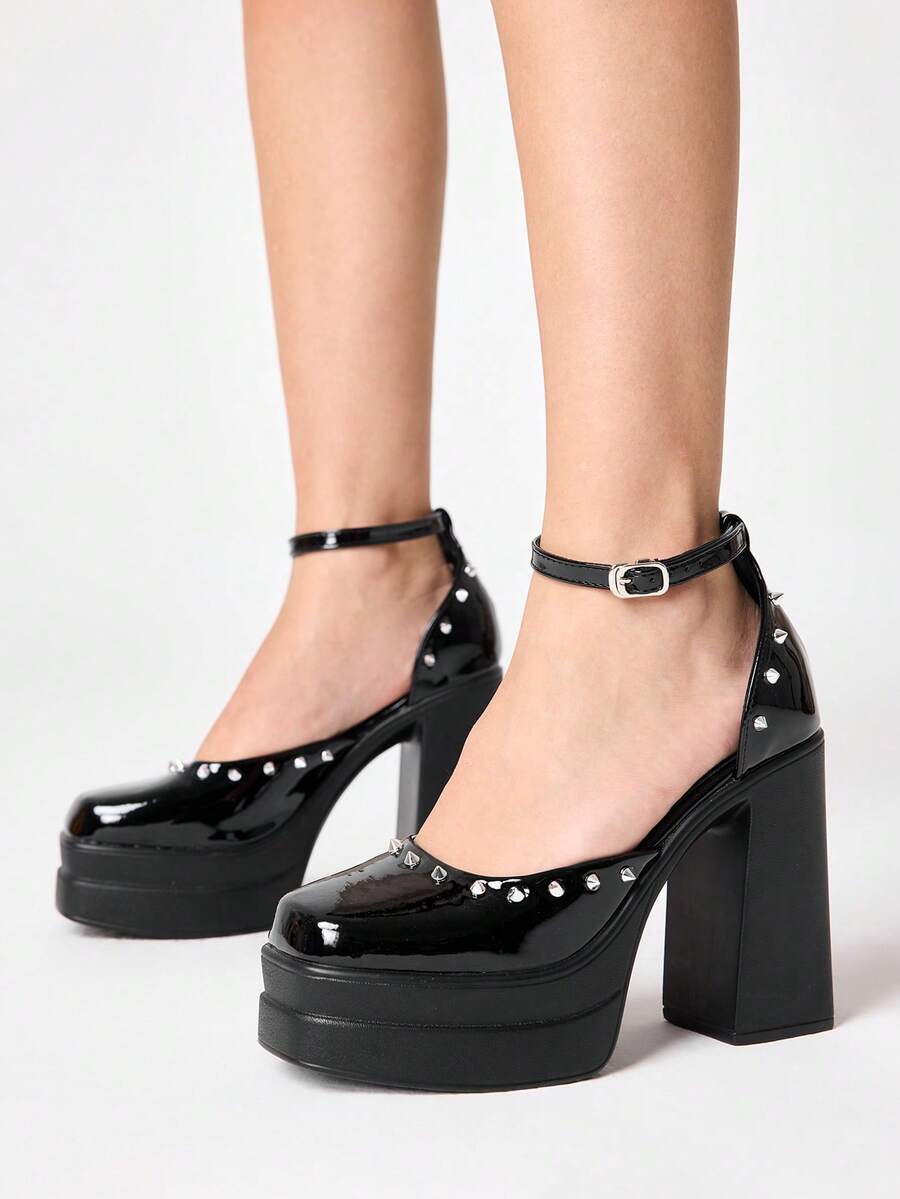 ROMWE Grunge Punk Ladies Street Nightclub Solid Color Glossy Mary Jane Platform High Heel Shoes Punk Goth Vintage Metal Rivets - Black - View 1