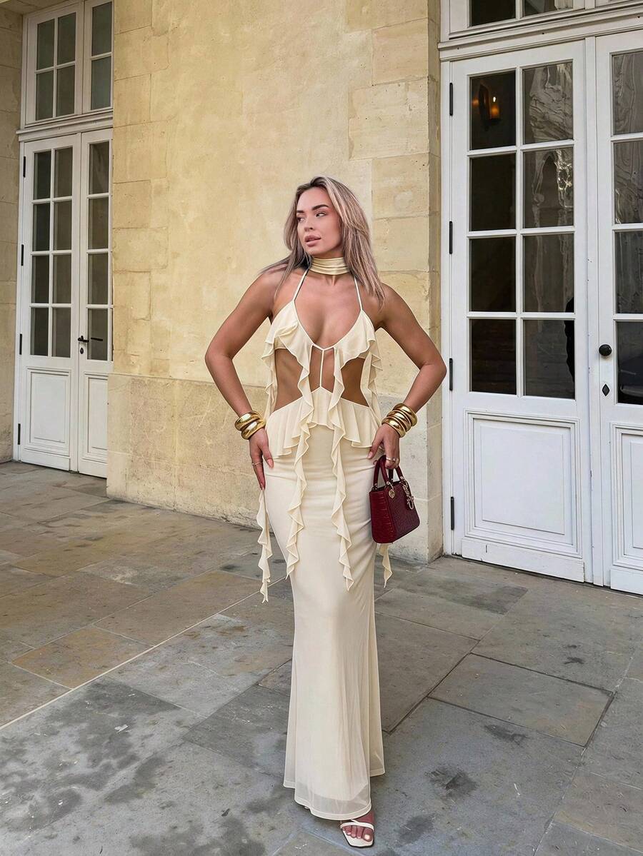Katetique Damen Off-White Sommer Elegantes Urlaub Rückenfrei Träger Rüschen Saum Extra langes Maxikleid,Böhmischer Stil Strand Musikkonzert Frühling/Sommer Party - Aprikosenfarben - Übersicht 1