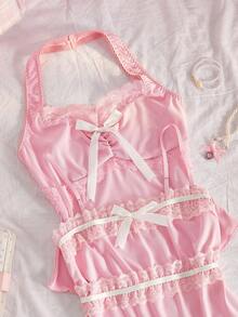 SweetSlumber Sweet Romantic Contrast Color Lace Bow Patchwork Ruched Comfortable Jacquard Knit 2pcs Women's Pajama Top - Pink - View 5