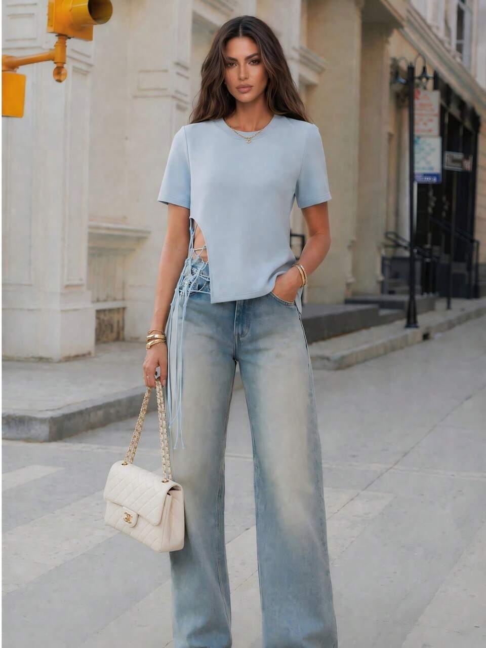 Women's Fashion Casual Side Seam Patchwork Rhinestone Mesh Long Tassel Minimalist T-Shirt