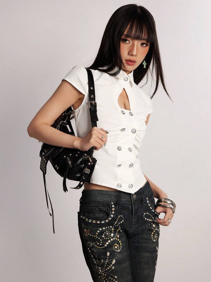 Rina Fox Women's Solid Color Pleated Hollow Out Casual Versatile Daily Wear Shirt - White - View 1