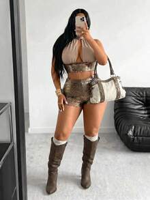POPSWAY Ensemble sexy et décontracté pour femmes grandes tailles avec top plissé à col licou et short blocs de couleurs - Multicolore - Voir 5