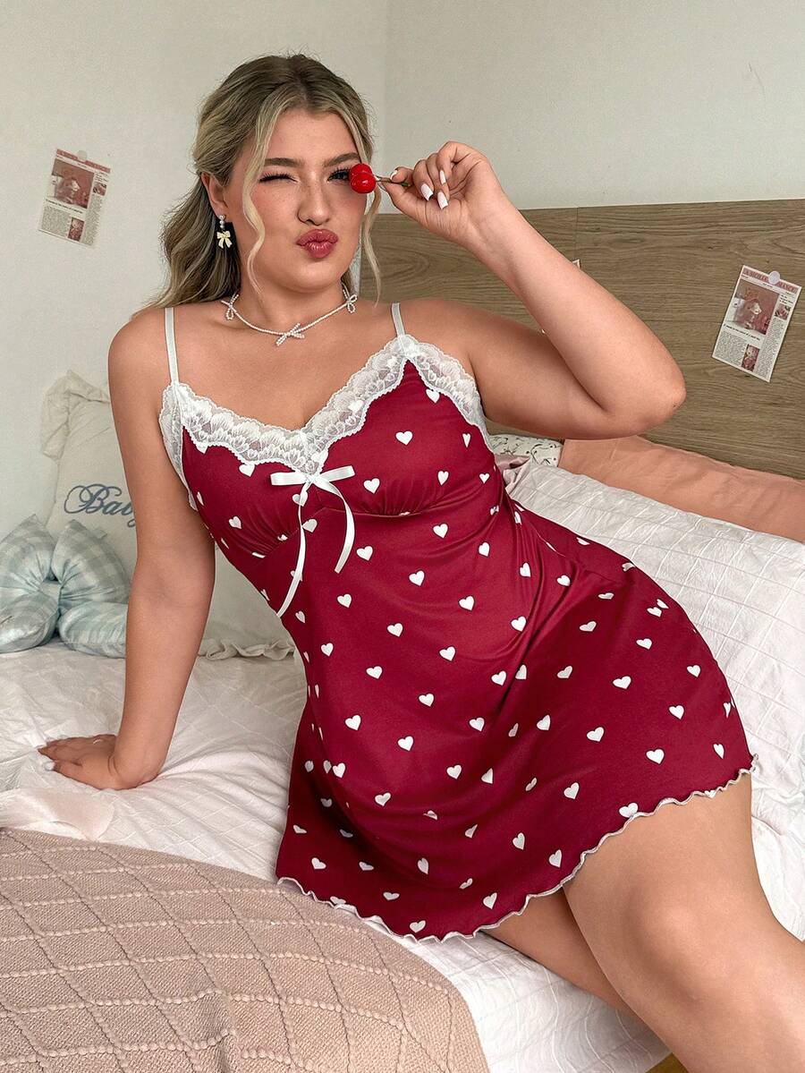 Slumberry CURVE Plus Size Women Heart Print Knit Fabric Contrast Color Lace Strap Mini Nightgown - Red and White - View 1