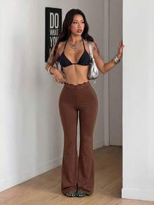 Coolane 女款秋冬優雅復古外出可愛時尚蕾絲拼接棕色喇叭褲 - 棕色 - 查看 4