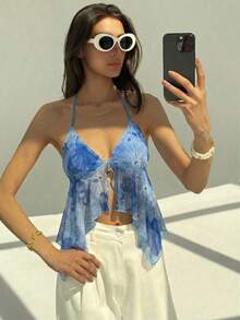 Aloruh New Summer Orange Floral Tropical Print Sexy Deep V Backless Crop Top, Suitable For Going Out, Beach, Vacation - Dusty Blue - View 6
