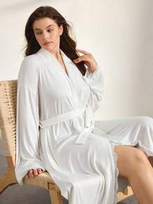 Ocili Women's Solid Color Minimalist Daily Lapel Tie-Up Comfortable Soft Lace Long Sleeve Plus Size Loungewear Robe - White - View 5