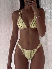 Bonvoyette Spring/Summer Girls Fashion Hot-Selling Vacation Influencer Style Hot Spring Polka Dot Print Two-Piece Bikini Set - Yellow - View 2