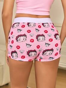 Betty Boop x SHEIN Women's Elastic Waist Cartoon Print Boxer Briefs - Red and White - View 2