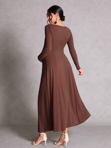 SHEIN Maternity Solid Color Square Neck Long Sleeve Elegant Dress Photoshoot Business Casual Outfit Daily Commute Old Money Style Work Brown Autumn Fall - Coffee Brown - View 3