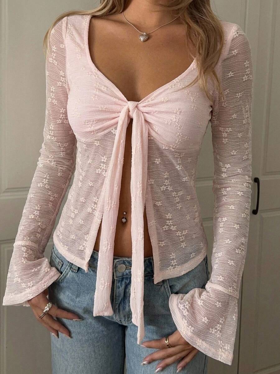 CovetEZ Pink White Casual Cute Women's Long Sleeve T-Shirt Vacation Autumn - Pink - View 1