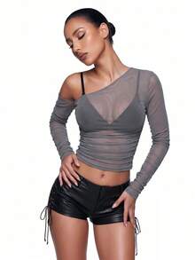 SHEIN ICON Grey Asymmetrical Neck Sheer Mesh Perspective Top Without Bra - Grey - View 4
