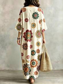 Glimmora 女款黑白波點長洋裝，V領刺繡蝙蝠袖寬鬆版型大碼長裙，飄逸沙灘洋裝，休閒度假風，夏季慵懶度假感 - 彩色 - 查看 2