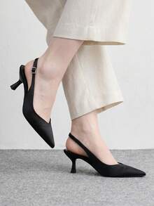 CUCCOO BIZCHIC 春夏新款尖頭細高跟中跟黑色布面女鞋，舒適百搭，優雅氣質，亮面低楦頭後跟加高 - 黑色B - 查看 3