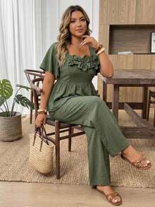 SHEIN CURVE+ Plus Size 3D Floral Decor Ruffle Hem Top And Loose Long Pants 2 Pieces Set - Army Green - View 4