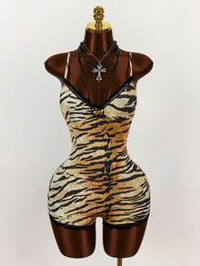 Bumpella Vintage Wild Lace Hem Slit Animal Print Plunging Neckline Bodycon Jumpsuit For Women, Summer - Brown - View 11