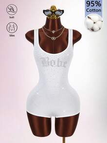 Amplova Women's Large Scoop Neck Rhinestone Decorated Sleeveless Bodysuit - White - View 3