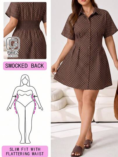 Solflare Plus Size Summer Casual Polka Dot Print Front Button Dress