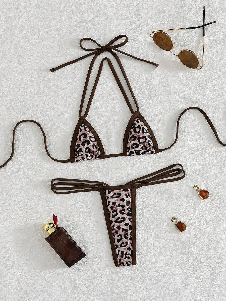 Swim SXY Summer Springbreak 2-Piece Set New Leopard Print & Solid Color Patchwork Micro Triangle Mini Cup Halter Neck Double Strap Sexy Elegant Vacation Bikini Set Beach Pool Party Women's Swimwear - Multicolor - View 1