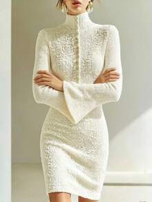 Balvessa Solid Color Stand Collar Flared Sleeve Fitted Knit Dress - White - View 5
