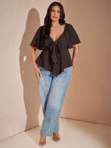 SHEIN BAE CURVE 大尺碼女款棕色荷葉袖不對稱下擺上衣 - 棕色 - 查看 5