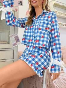 SweetSlumber Conjunto de Pijama Feminino Doce e Fofo Estilo Ins com Estampa Xadrez de Cereja, Frente Aberta e Textura Bubble Crinkle - Multicolorido - Visão 6