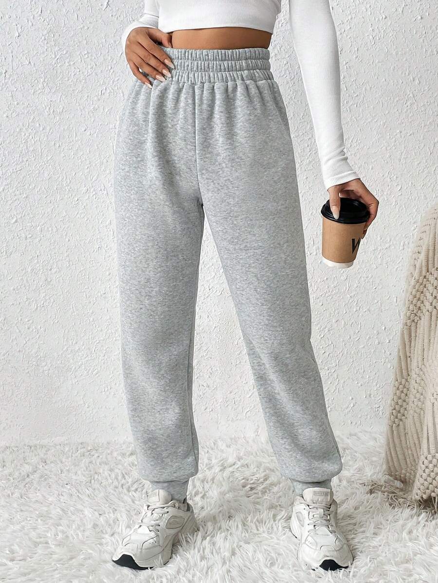 SHEIN PETITE Pantalones de chándal de cintura elástica sólida para primavera, atuendos de graduación, atuendos de vuelta al colegio, atuendos de graduación, atuendos de maestra para mujeres, vuelta al colegio, mujeres de talla pequeña - Gris Claro - Ver 1