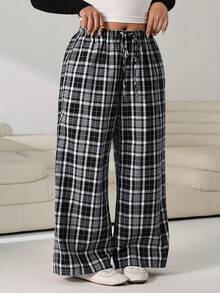 Solflare Plus Size Women's Drawstring Waist Plaid Casual Wide Leg Pants For Daily Wear Fall - Multicolor - View 3