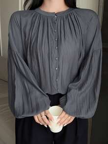 Dazy Plus Women's Plus Size Loose Casual Cardigan Shirt With Round Neck, Lantern Sleeves, Elegant & Playful Design, Long Sleeve, Spring Summer Autumn - Navy Blue - View 7