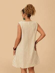 Travachic Women's Plus Size Casual Minimalist Versatile Striped Pattern Round Neck Sleeveless Dress, Suitable For Summer - Apricot - View 2