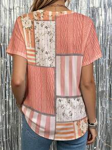 EMERY ROSE Camiseta de talla grande con diseño de patchwork, estampado floral a rayas y manga corta - Multicolor - Ver 2