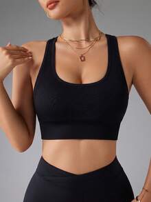 SHEIN Dewbera 女款無縫素色運動內衣，鏤空背部設計，適合戶外健身、皮拉提斯、休閒日常穿著 - 黑色 - 查看 3