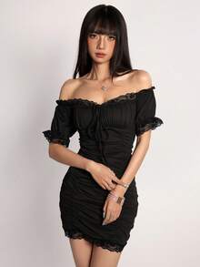Franclia Gaun Kasual Pesta & Perjalanan Wanita dengan Motif Renda dan Bahu Terbuka - Hitam - View 8