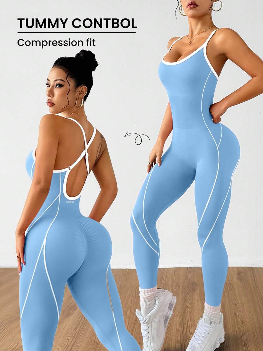 SHEIN Dewbera 女款拼色休閒日常旅行運動細肩帶連身褲 - 藍色 - 查看 1