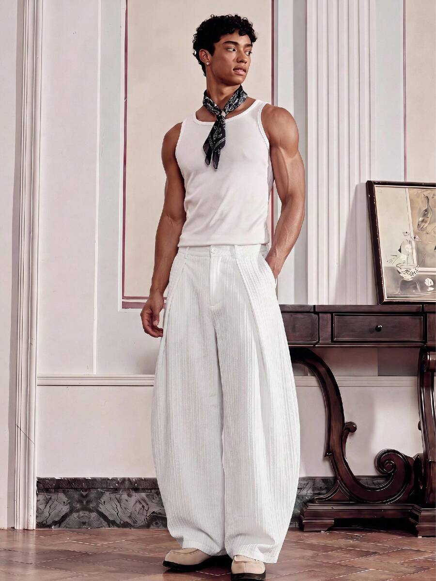 SWAVVY Pantalones casuales versátiles de unicolor con pierna curva para hombre - Blanco - Ver 1