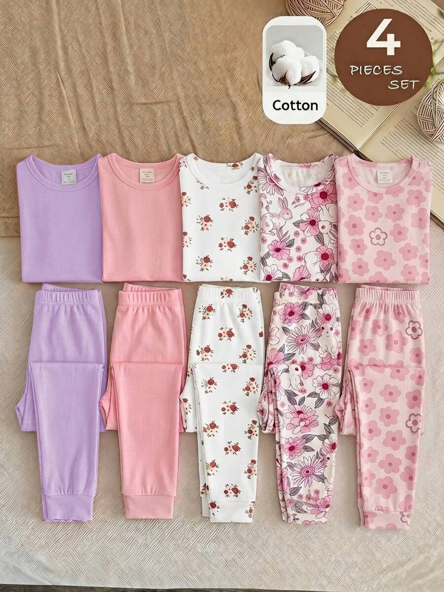 SHEIN 女童休閒簡約修身舒適圓領短袖長褲家居服套裝，4件組，適合春夏 - 彩色 - 查看 1