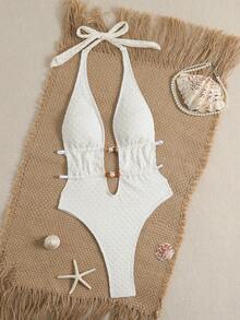 Swim SXY 1pc Solid Color Special Fabric Halter Drawstring High Cut One-Piece Swimsuit - White - View 6