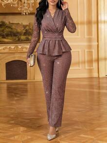 SHEIN Lady Women's Brown Glitter Metallic Lace Sheer Long Sleeve V Neck Peplum Top Wide Leg Pants Elegant Matching 2 Pieces Set Sparkly Party Evening Cocktail - Brown - View 4