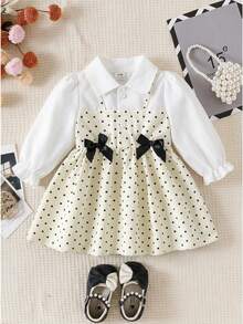 SHEIN Vintaside Kids Gaun A-Line 2-in-1 Lengan Panjang Berkerah dan Mengembang untuk Bayi Perempuan. Siluet A-Line klasik, cocok untuk berbagai tipe tubuh bayi. Desain kerah yang unik menambahkan sentuhan formalitas, lengan mengembang yang dirancang dengan cerdas untuk tampilan yang manis dan ceria. Desain 2-in-1 yang mewah. - Aprikot - View 10