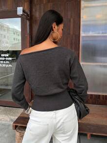 SHEIN BAE BAE Sweater Abu-abu Gelap Tanpa Bahu, Atasan Rajut Kasual Lengan Panjang untuk Kerja Musim Gugur, Sweater Abu-abu Gelap Tanpa Bahu, Kasual - Dark Grey - View 3