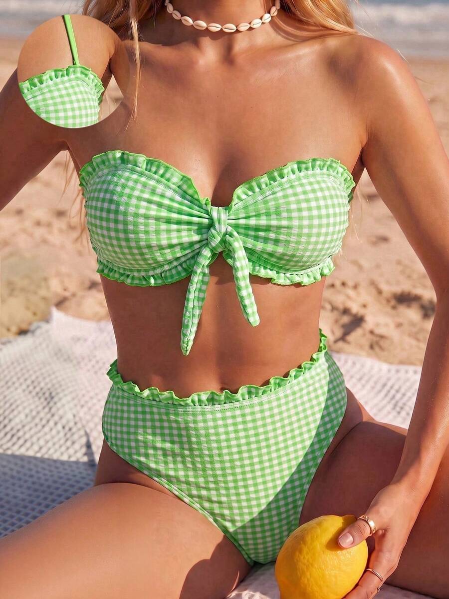 Swim Mod 新款女款優雅波西米亞 Y2K 柔粉色格紋紋理面料比基尼套裝,2 件式泳衣,包含平口荷葉邊上衣、前領結、可拆卸肩帶與高腰性感三角褲,柔軟彈性材質,輕盈透氣,可愛甜美復古海濱風,90s/2000s 風格,學院風,鄉村風,適合夏季海灘度假、泳池派對與音樂節 - 綠色 - 查看 1