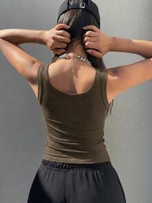DAZY Camiseta sin mangas de unicolor versátil y casual para el verano - Verde Oliva - Ver 3