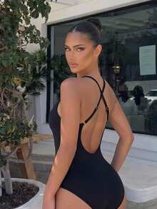 SHEIN Sports Women's Solid Color Deep V-Neck Spaghetti Strap Athletic Jumpsuit - Black - View 1