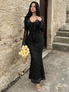 Vassilux V-Neck Flare Sleeve Front Tie Waist Flounce Flocked Apricot Bodycon Dress Black - Black - View 1