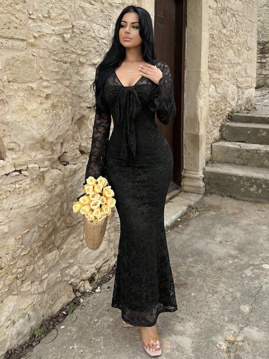 Vassilux V-Neck Flare Sleeve Front Tie Waist Flounce Flocked Apricot Bodycon Dress Black - Black - View 1