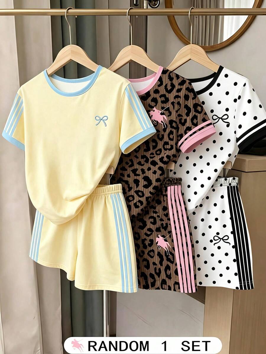 SHEIN 女童數位條紋蝴蝶結圖案短袖短褲套裝,休閒舒適時尚春/夏風格,百搭夏季穿搭,適合戶外運動、野餐、街拍、居家、校園、度假、禮物及日常穿著 - 彩色 - 查看 1