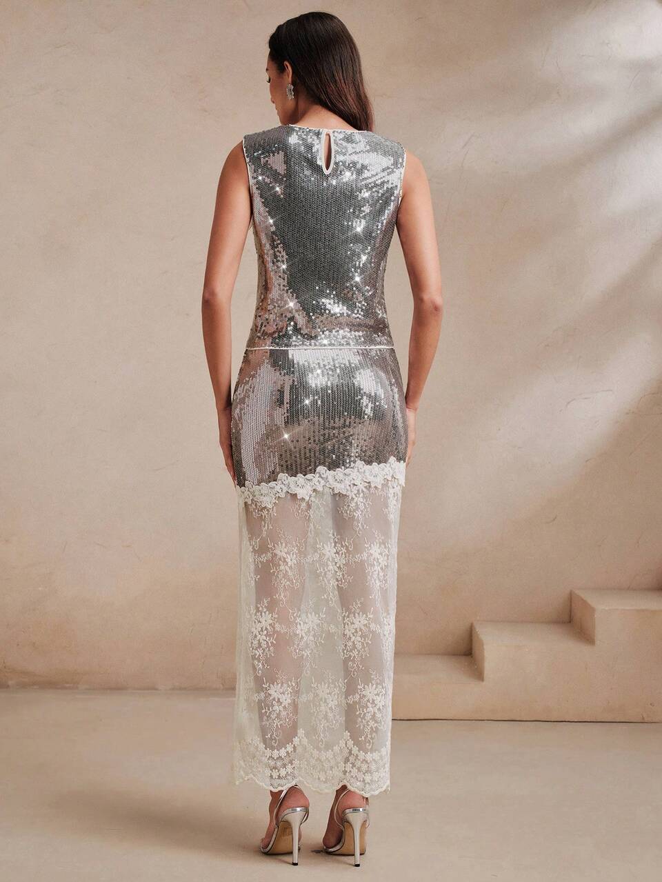 Anewsta Summer Elegant Sexy Luxury Sleeveless Heavy Lace Patchwork Sequin Tank Top With Skirt Cream White Floral Women's Two Pieces Set Cocktail Party