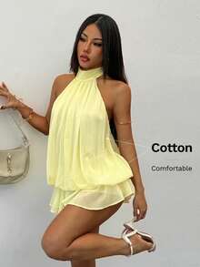 SHEIN PETITE 女款優雅淡黃色掛脖領綁帶迷你洋裝，適合派對、約會，秋冬/春夏穿著 - 黃色 - 查看 4