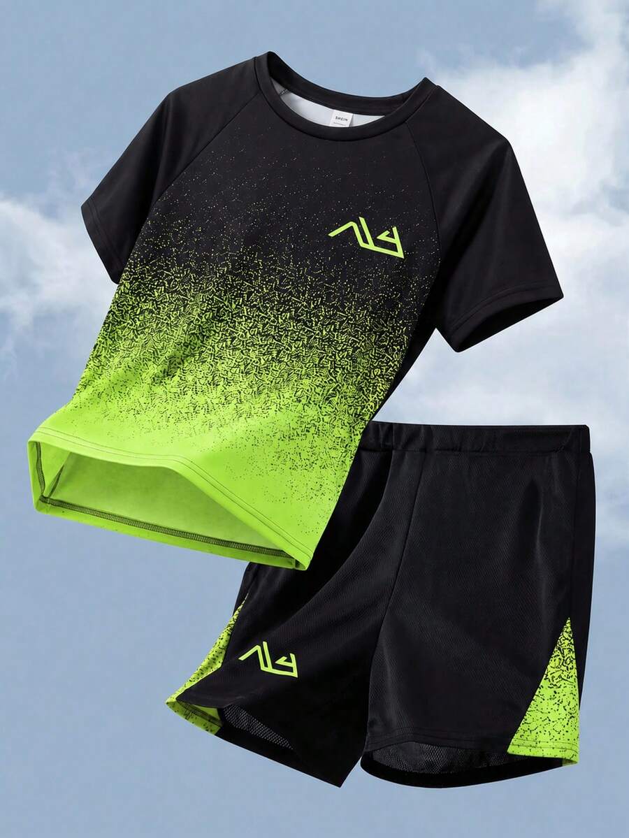 SHEIN 青少年男孩漸層色圓領休閒日常運動短袖上衣 - 綠色 - 查看 1
