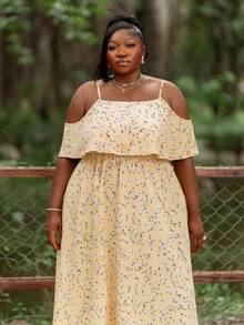 CurvyTilda 长款露肩波西米亚风印花连衣裙，适合大码女性夏季度假穿着，包括连衣裙、夏季连衣裙、女式连衣裙、碎花连衣裙、黄色连衣裙、吊带裙、女士夏季连衣裙、女士夏季套装、女士度假连衣裙、女士休闲连衣裙、女士度假套装以及母亲节服装。 - 黃色 - 查看 1